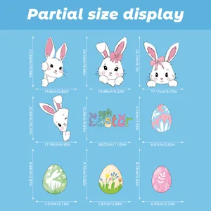 Size chart showing detailed dimensions for 9 Easter bunny and colorful egg static stickers