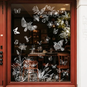 Spring window clings featuring white floral garden, birds, and butterfly static stickers