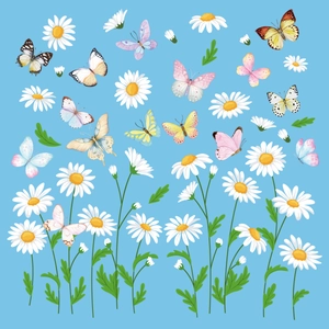 Detail of spring butterfly stickers with white daisies on a fresh sky blue background