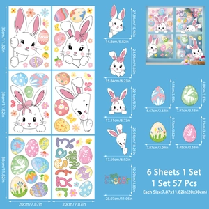 Detailed dimensions for 57pcs Easter rabbit and egg static window clings in 6 sheets