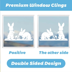 Détail des stickers de fenêtre double face avec lapins de Pâques blancs et motifs