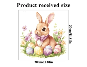 Détail d'un sticker de Pâques montrant un lapin à l'aquarelle, des œufs colorés et des fleurs