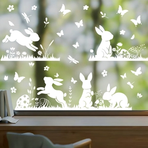 Stickers de fenêtre lapins de Pâques blancs avec œufs pour décoration de fête à domicile
