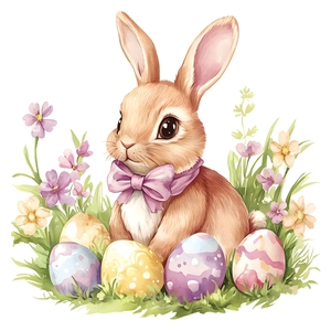 Stickers muraux de Pâques avec lapin mignon à l'aquarelle, œufs et fleurs colorés