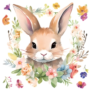 Watercolor Easter bunny sticker with floral wreath decoration on a white background