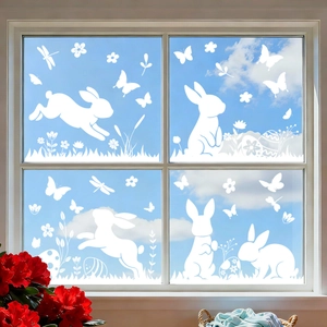 Autocollants de fenêtre lapin de Pâques blanc avec papillons et fleurs décor