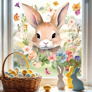 Detailed Easter window cling featuring a cute bunny with floral wreath on glass