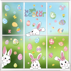Happy Easter window clings with white bunnies and colorful patterned eggs for home decor