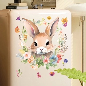 Detailed watercolor rabbit wreath decal showing vibrant floral accents on a vintage fridge