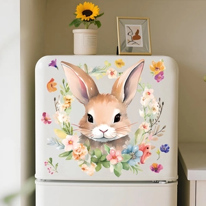 Detailed view of watercolor bunny and flower wreath window sticker on white surface
