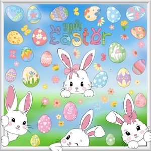 Detail view of Happy Easter static window clings featuring cartoon bunnies and colorful eggs
