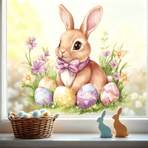 Sticker de Pâques lapin avec œufs aquarelle colorés et fleurs pour décor de fenêtre maison