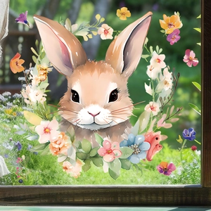 Easter bunny window sticker with watercolor floral wreath for festive glass decoration