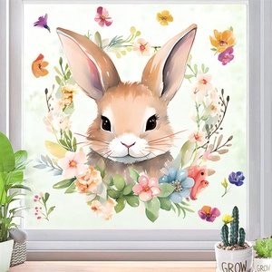 Watercolor Easter bunny and floral wreath static window decal for festive home decoration