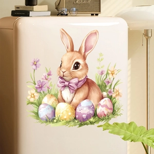 Stickers muraux de Pâques avec lapin brun mignon et œufs colorés sur réfrigérateur blanc