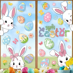 Detail of Easter static window clings with bunny and Happy Easter text on glass