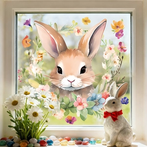 Easter bunny window cling sticker with watercolor flower wreath for festive home decor