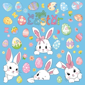 Detail of cartoon rabbits and colorful patterned Easter eggs on a light blue background