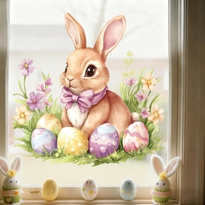 Autocollants statiques de Pâques lapin et œufs fleuris pour décoration murale