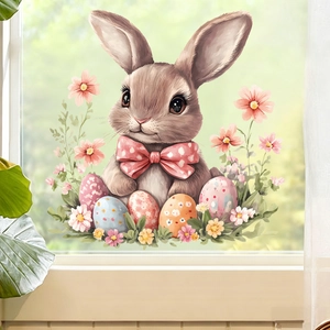 Detailansicht von Oster-Fensterbildern mit süßem Hasen, bunten Eiern und Blumenmustern