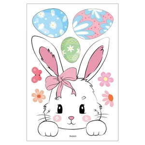 Detailed sheet of Easter window stickers featuring bunny, colorful eggs, and spring flowers