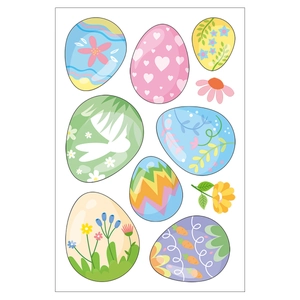 Detail of colorful Easter egg stickers featuring bunnies, hearts and floral patterns