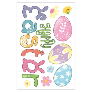 Close-up of Easter window decals featuring Happy Easter text and colorful patterned eggs