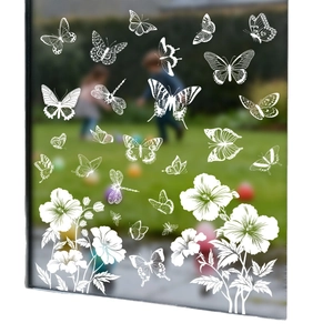 White butterfly and flower static window decals set for home glass decoration