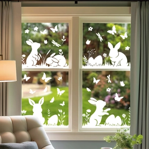Easter bunny and floral window stickers for home glass decoration on garden background