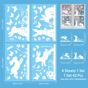 Lot de 42 stickers de Pâques pour fenêtres avec lapins blancs et fleurs pour décoration