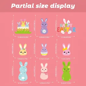 Easter window stickers size chart showing cute cartoon bunny and colorful egg dimensions