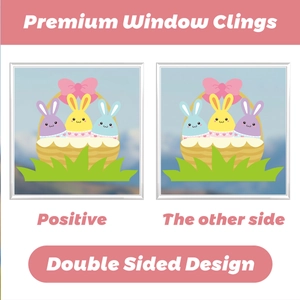 Detailed view of double-sided Easter window clings showing colorful bunny and basket patterns
