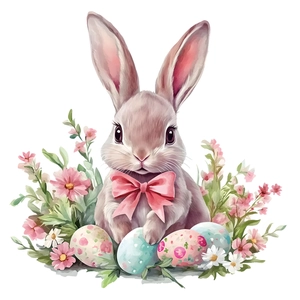 Easter static window sticker featuring a watercolor pink rabbit and floral painted eggs