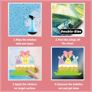 Guide showing 4-step installation for double-sided cartoon Easter bunny window stickers