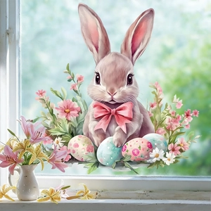 Easter Window Clings Cute Bunny With Bow Watercolor Flowers Colorful Eggs Static Stickers For Glass Decor PVC Holiday Home Decor