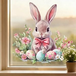 Easter window static stickers featuring cute pink bunny, colorful eggs and white daisies