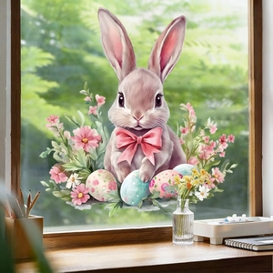 Easter window clings featuring a cute bunny with colorful eggs and watercolor flowers
