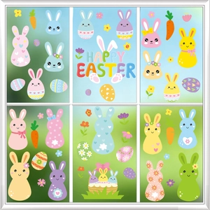 Colorful Easter window stickers set with cute cartoon rabbits and Happy Easter art