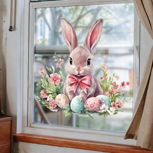 Easter static window stickers with realistic pink bunny eggs and floral decorations