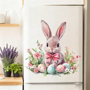 Easter bunny and colorful eggs static sticker displayed on a white refrigerator door