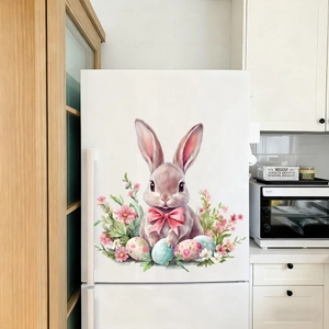 Detail of Easter static window sticker featuring a pink watercolor rabbit and colorful eggs