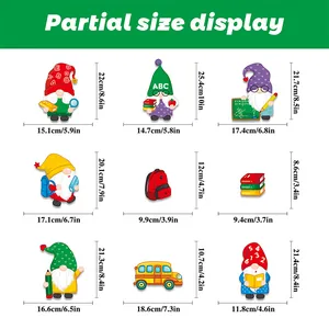 Size chart showing dimensions for 9 back-to-school cartoon gnome window static stickers