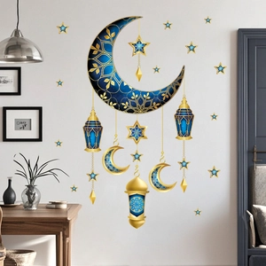 Detail of blue and gold 3D Ramadan wall stickers with hollow moon and hanging lanterns