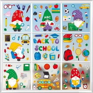 Back To School Gnomes Static Window Clings Double Sided PVC Stickers School Bus Books Stationery Classroom Decoration Home Decals