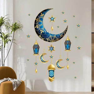 Detailed 3D wall stickers featuring a blue crescent moon and gold lanterns for Eid decor