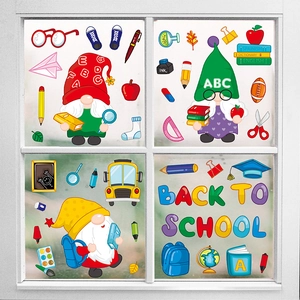 Back to school static gnome window stickers with school bus and classroom supplies