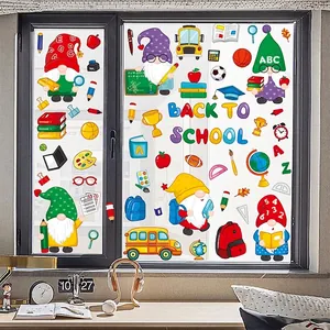 Cartoon Gnome Back to School window static stickers with school bus and colorful stationery