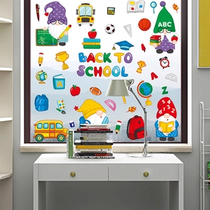 Detail of Back to School window clings with cute gnomes, school bus and vibrant school icons
