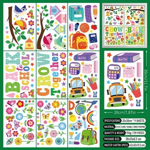 9-sheet set of back to school window clings with birds and school bus patterns