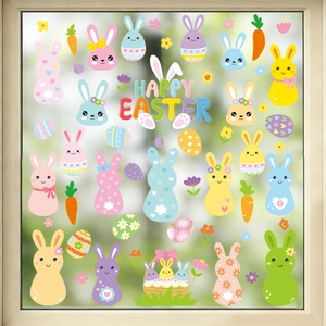 Colorful Easter window decals set featuring cartoon rabbits and Happy Easter lettering